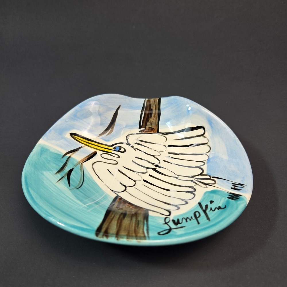Susan Lumpkin Studio Pottery Hand Painted Heron Egret Ceramic Trinket Dish 6in - Picture 2 of 7